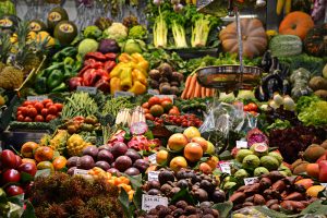 vegetables and fruit on display at a market