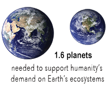 two Earths above text "1.6 planets are needed to support humanity's demand on Earth's ecosystems"