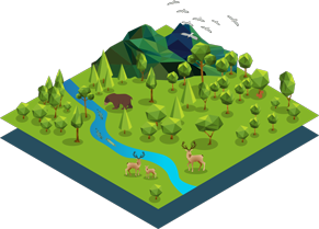 isometric illustration of field with trees, river, and wildlife