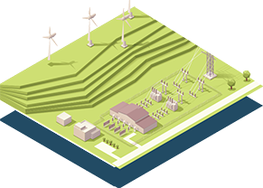 isometric illustration of field with wind turbines