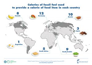 calories of fossil fuel used to provide a calorie of food in different countries