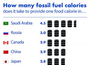 graphic illustrating number of fossil fuel calories per food calorie in varying countries