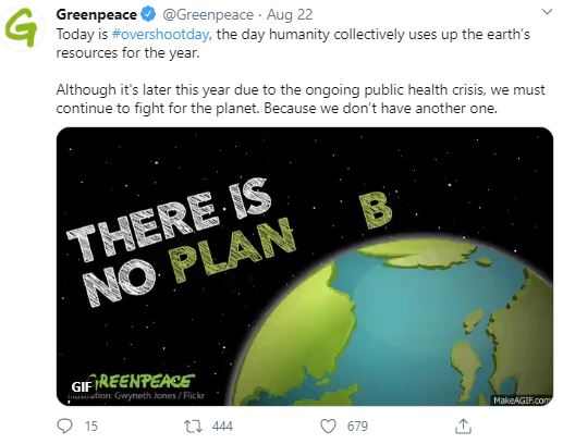 Greenpeace tweet - Earth Overshoot Day