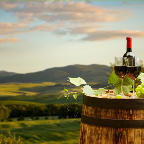 wine and grapes with valley in background